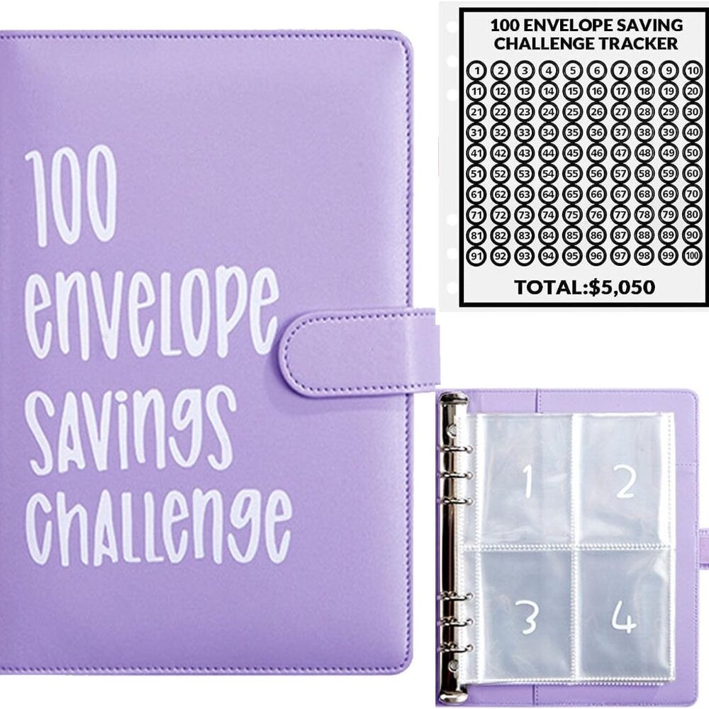 100 Envelope Money Savings Challenge Binder $5,500 (Purple)